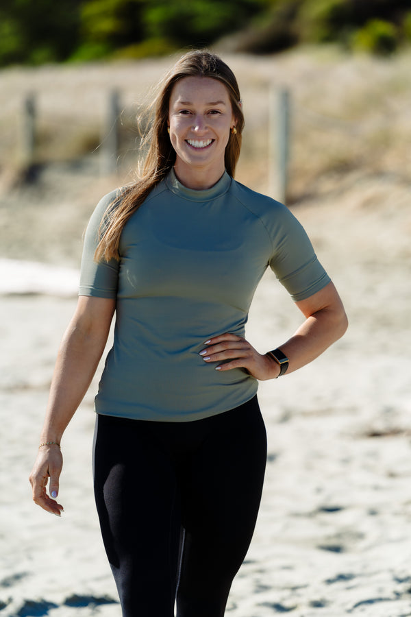 Short Sleeved Ribbed Rash Top - Sage Green